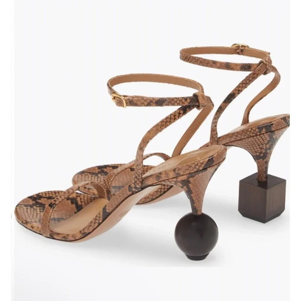 Jacquemus Les Bisu Sandals Snake Print Leather Ankle Strap Geometric Heels Sz 37